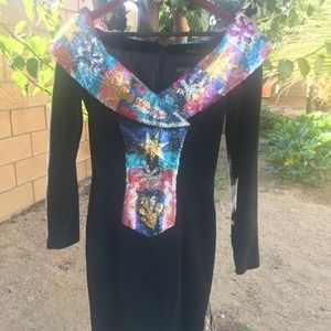 90s Black Leather Suede Dress Metallic Sequin Blac